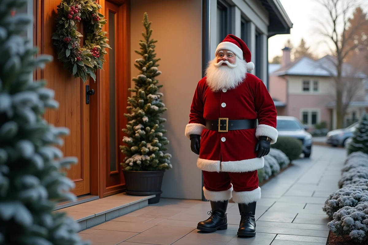 Père Noël animatronique grandeur nature sur un porche décoré pour les fêtes de Noël extérieur 2026