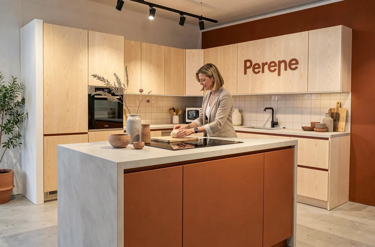 Cuisine Perene Toulouse de style scandinave en bouleau pâle avec îlot en béton clair et accents terracotta