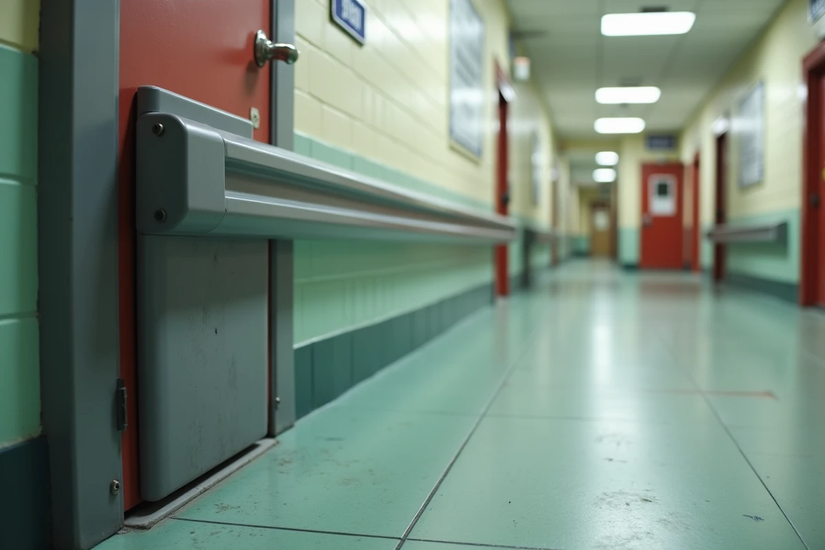 Pince doigt anti-coincement sur porte coupe-feu dans un couloir de bâtiment public institutionnel