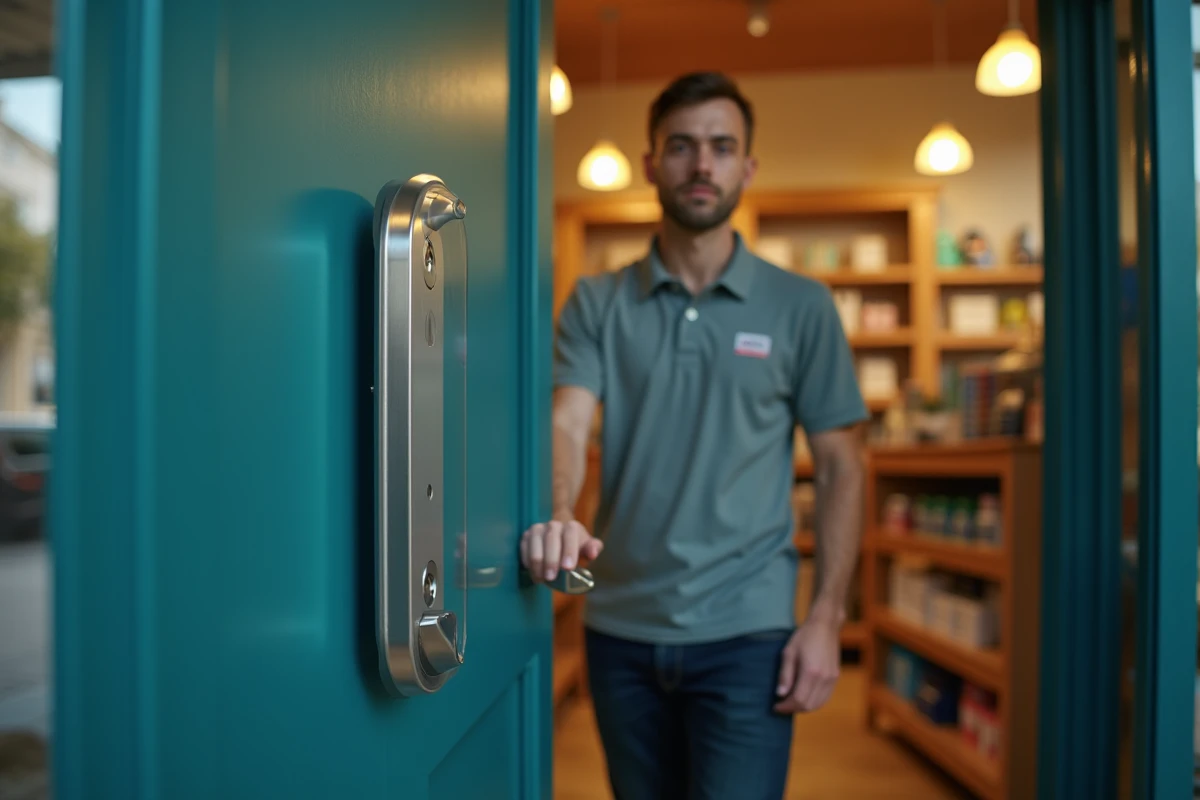 Protège doigt transparent installé sur la porte d'un commerce de détail avec vendeur en action
