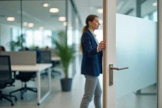 Pince doigt professionnel installé sur une porte de bureau en verre avec employé en train d'ouvrir la porte