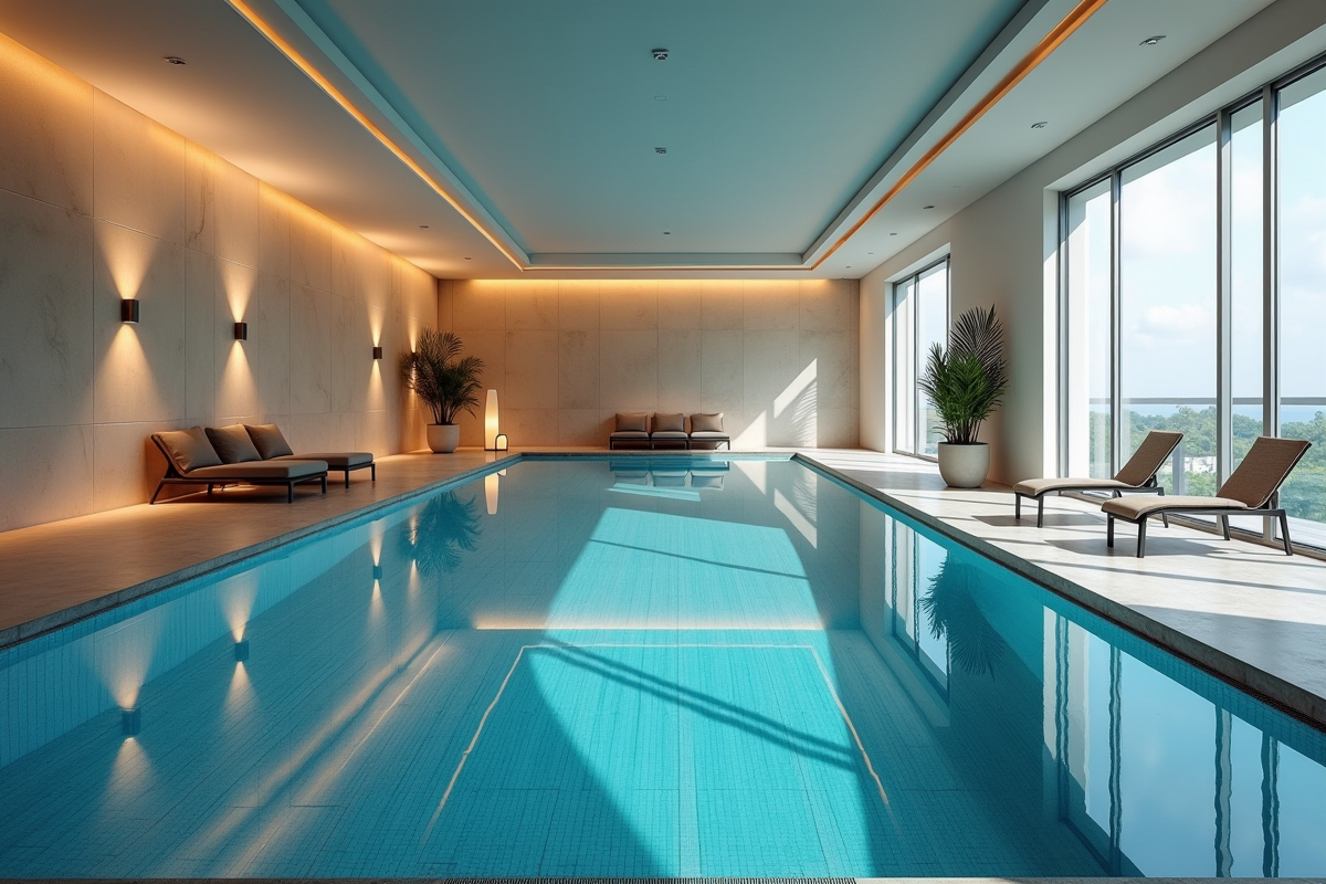 Piscine intérieure élégante avec éclairage et mobilier minimaliste