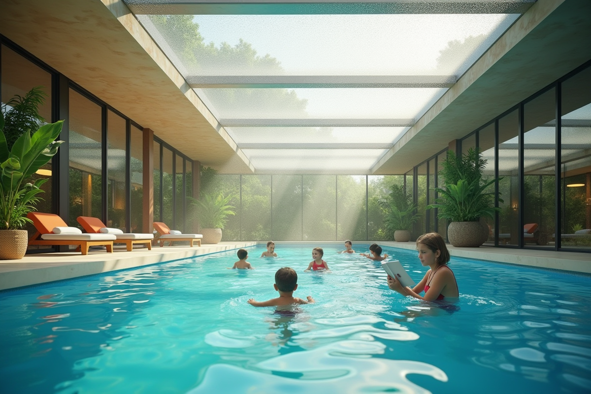 Piscine intérieure avec lumière naturelle et enfants jouant dans l