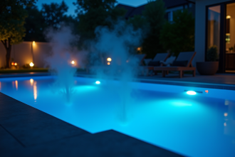 Piscine moderne la nuit avec éclairage bleu et thermostat visible