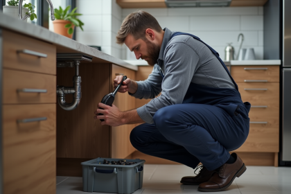 Plombier homme en overalls sous évier cuisine moderne