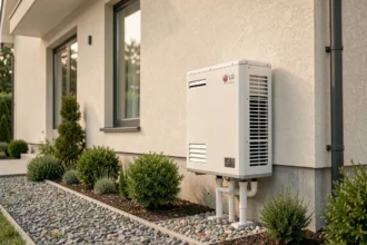 Pompe à chaleur air eau LG installée sur la façade extérieure d'une maison moderne avec jardin