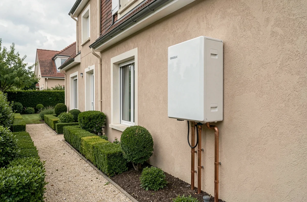 Pompe à chaleur air-eau installée sur la façade extérieure d'une maison individuelle française éligible aux aides fiscales
