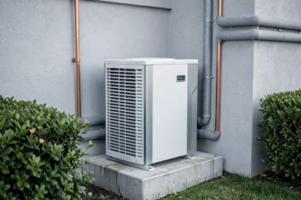 Unité extérieure de pompe à chaleur Hitachi Yutaki S Combi installée sur dalle béton en façade de maison contemporaine