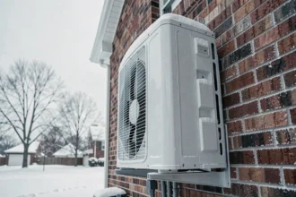 Pompe à chaleur Mitsubishi Zubadan installée sur la facade extérieure d'une maison en hiver sous la neige