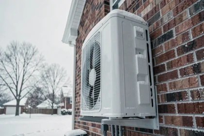 Pompe à chaleur Mitsubishi Zubadan installée sur la facade extérieure d'une maison en hiver sous la neige