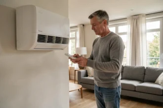 Pompe à chaleur air-air réversible Atlantic installée dans un salon moderne, homme utilisant la télécommande