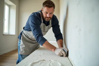 Artisan effectuant un ponçage ultra fin sur un enduit de finition avec un bloc abrasif à grain très fin