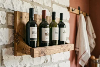 Porte bouteille mural en bois rustique fixé sur un mur en pierre blanche avec quatre bouteilles de vin dans une cuisine de campagne française