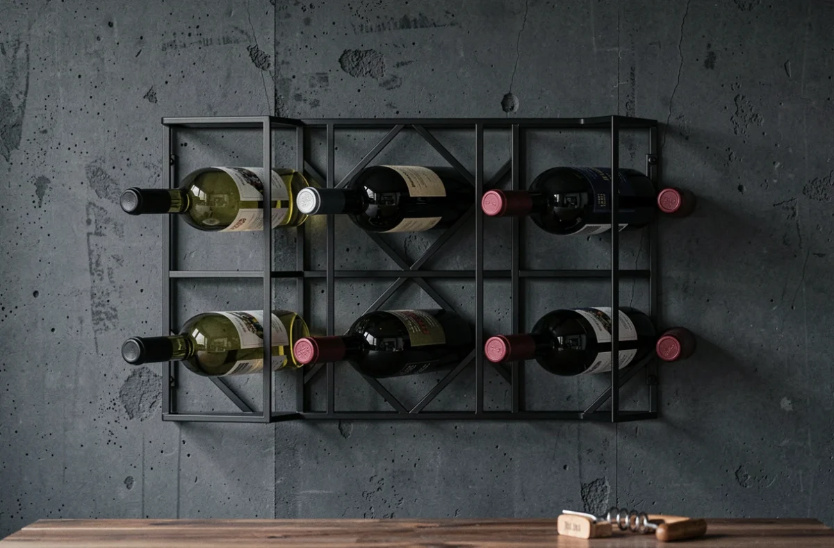 Porte bouteille mural en métal noir style industriel avec rangement horizontal de bouteilles de vin sur mur en béton dans un appartement moderne