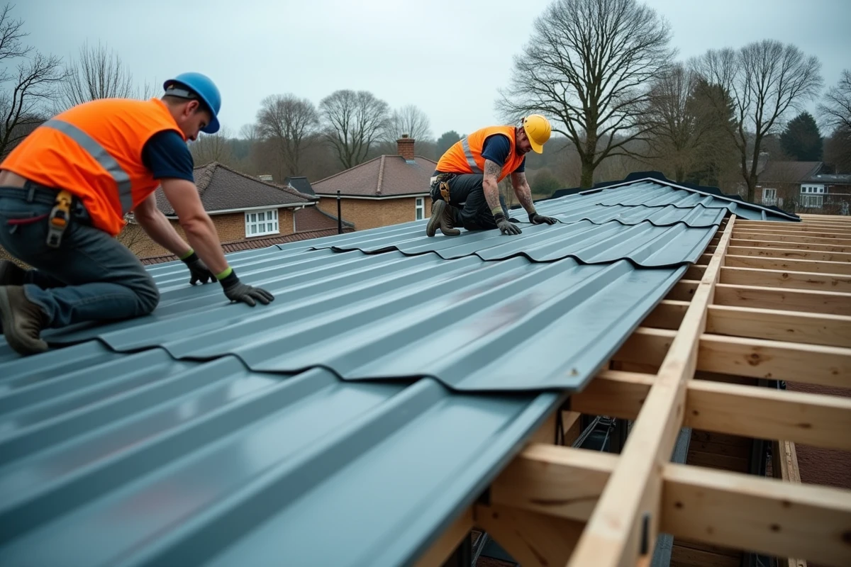 Pose de bac acier imitation zinc sur une toiture résidentielle par deux ouvriers en chantier