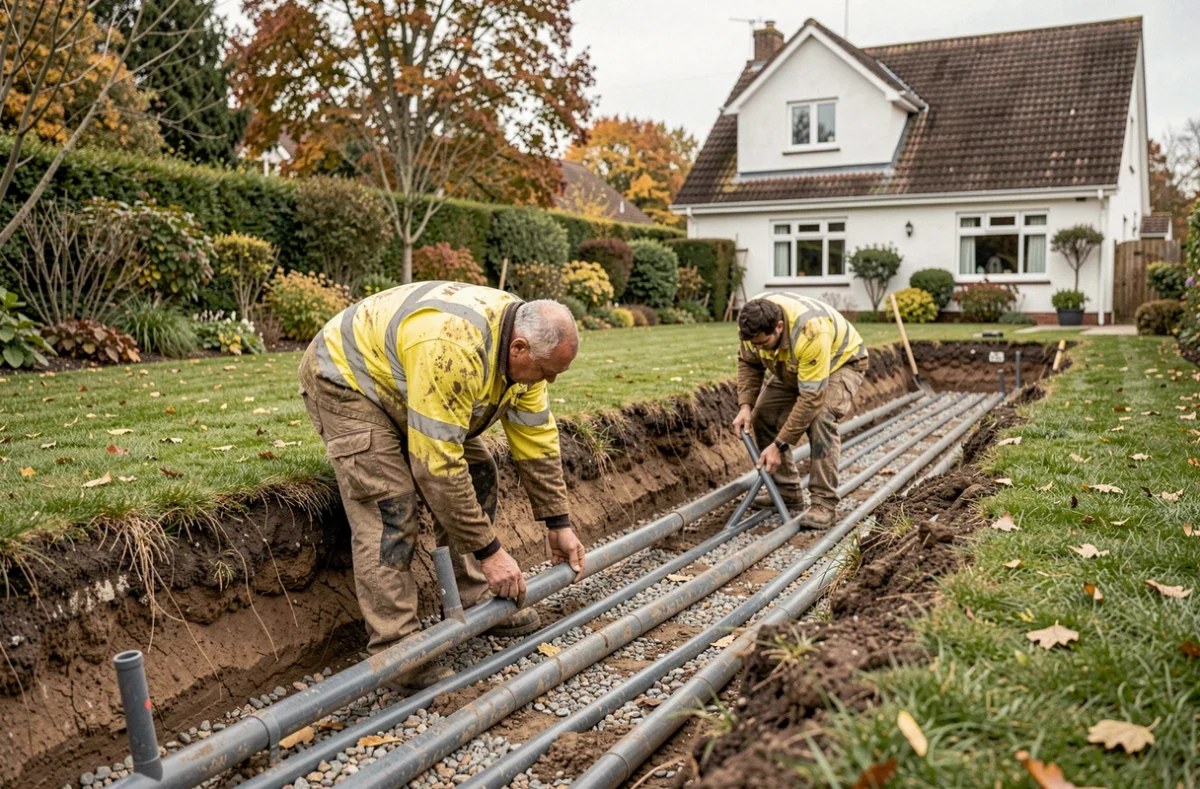 Pose de tubes géothermiques horizontaux dans une tranchée de jardin lors de l'installation d'une pompe à chaleur au sol