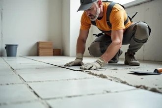 Carreleur professionnel posant des carreaux en grès cérame sur le sol d'une salle de bain en rénovation