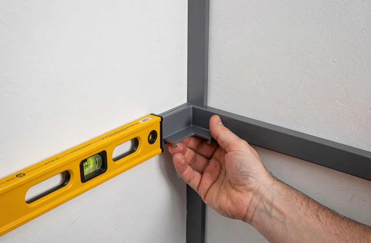 Pose d'un angle de goulotte anthracite sur un mur