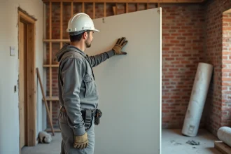 Ouvrier posant un panneau de plâtre avec isolation intégrée contre un mur de briques lors d'une rénovation intérieure