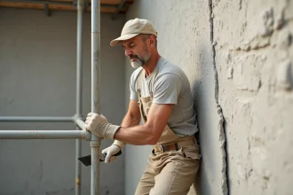 Ouvrier appliquant une toile enduit sur une façade extérieure en crépi, technique de pose correcte pour éviter les erreurs