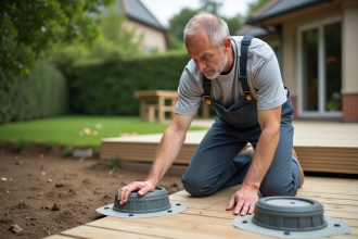 Ouvrier mesurant la distance entre les plots de terrasse en bois