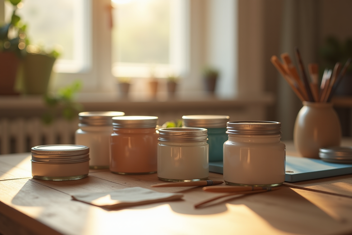 Pots de peinture neutre et brosses sur une table en bois dans une ambiance chaleureuse