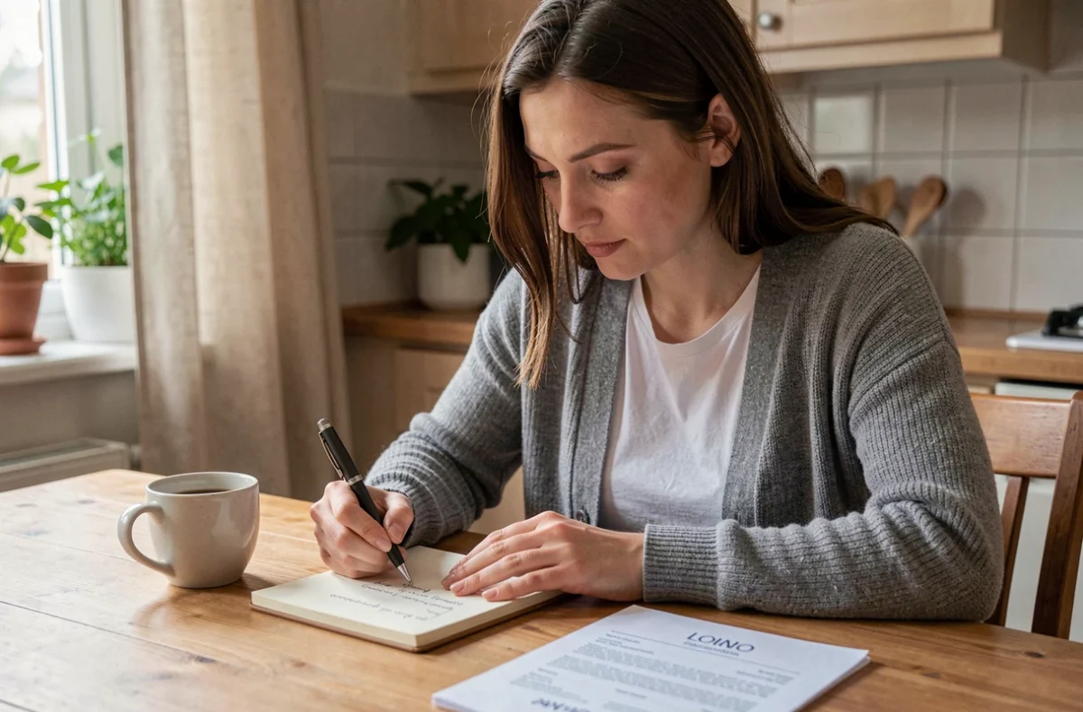 Femme se préparant à un entretien pour un poste de femme de ménage, révisant ses notes à la maison avec son CV posé sur la table
