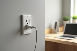Prise Legrand double encastrée dans un bureau à domicile moderne avec câbles branchés et bureau en bois