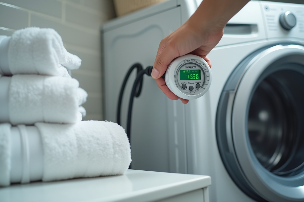 Main branchant un compteur d energie sur lave linge