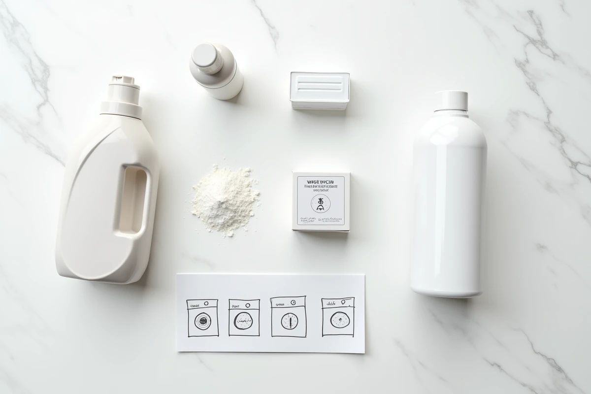 Vue à plat des produits lessiviers et d'un tiroir de machine à laver avec symboles de lavage imprimés