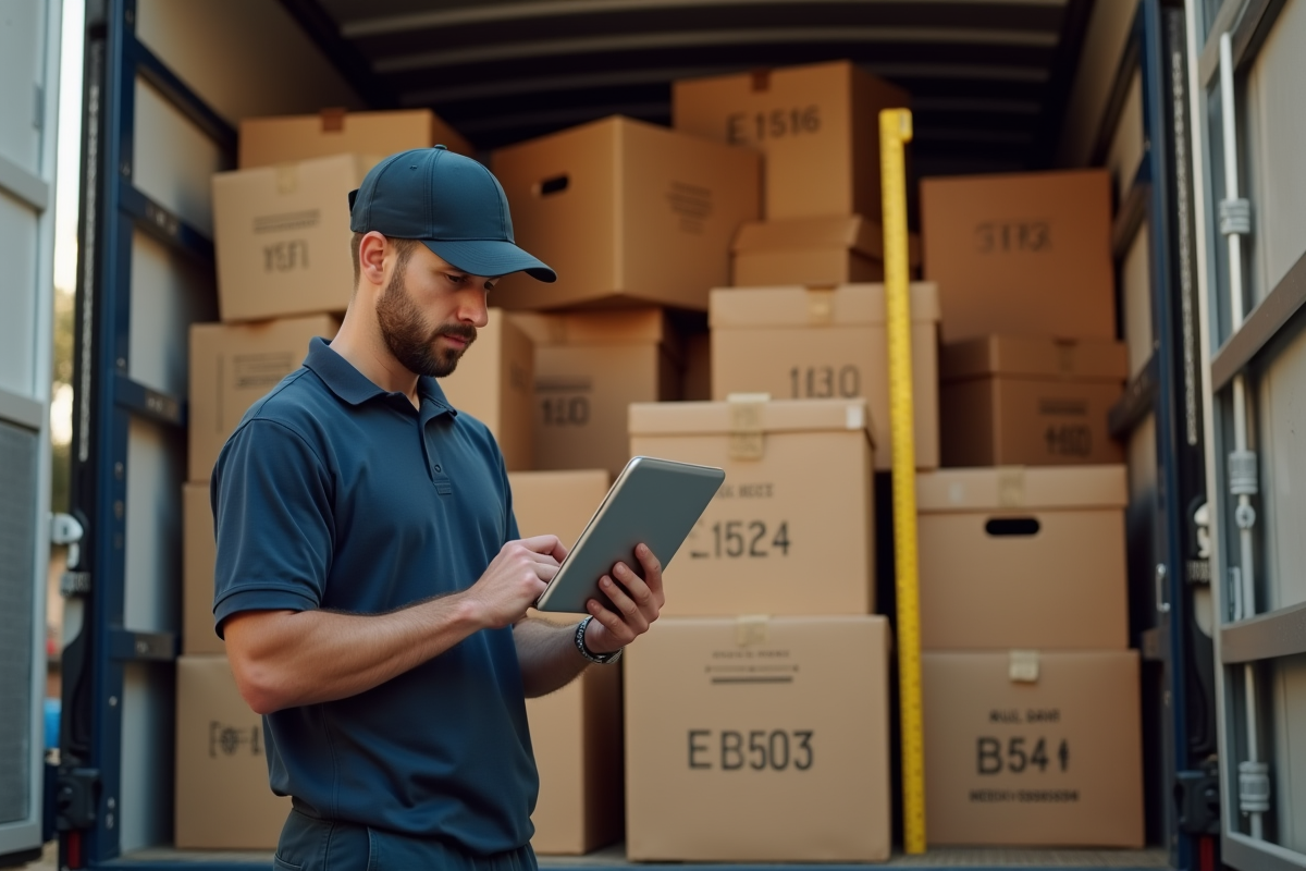 Agent de déménagement mesurant des meubles dans un camion organisé