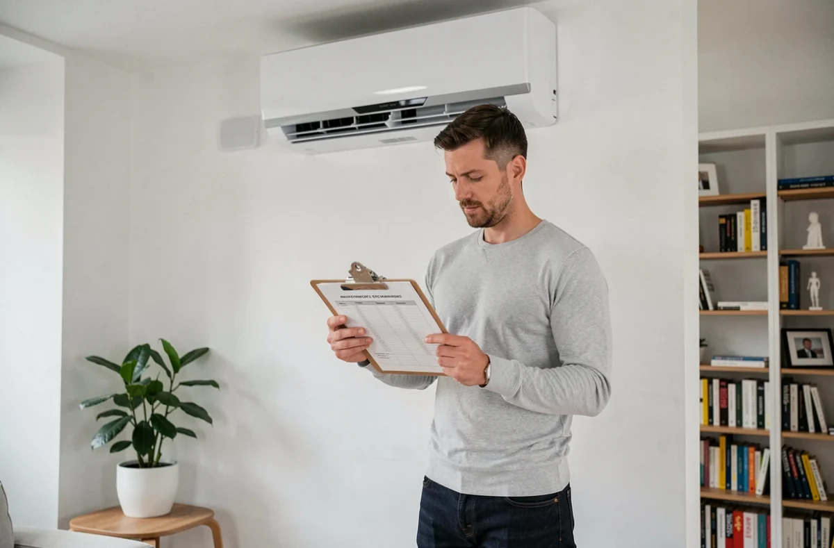 Propriétaire vérifiant la liste d'entretien de sa pompe à chaleur air air dans son salon