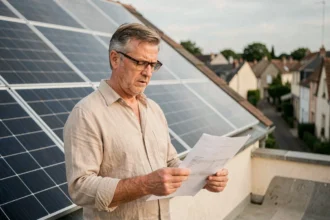 Propriétaire examinant sa taxe foncière devant des panneaux photovoltaïques sur le toit de sa maison