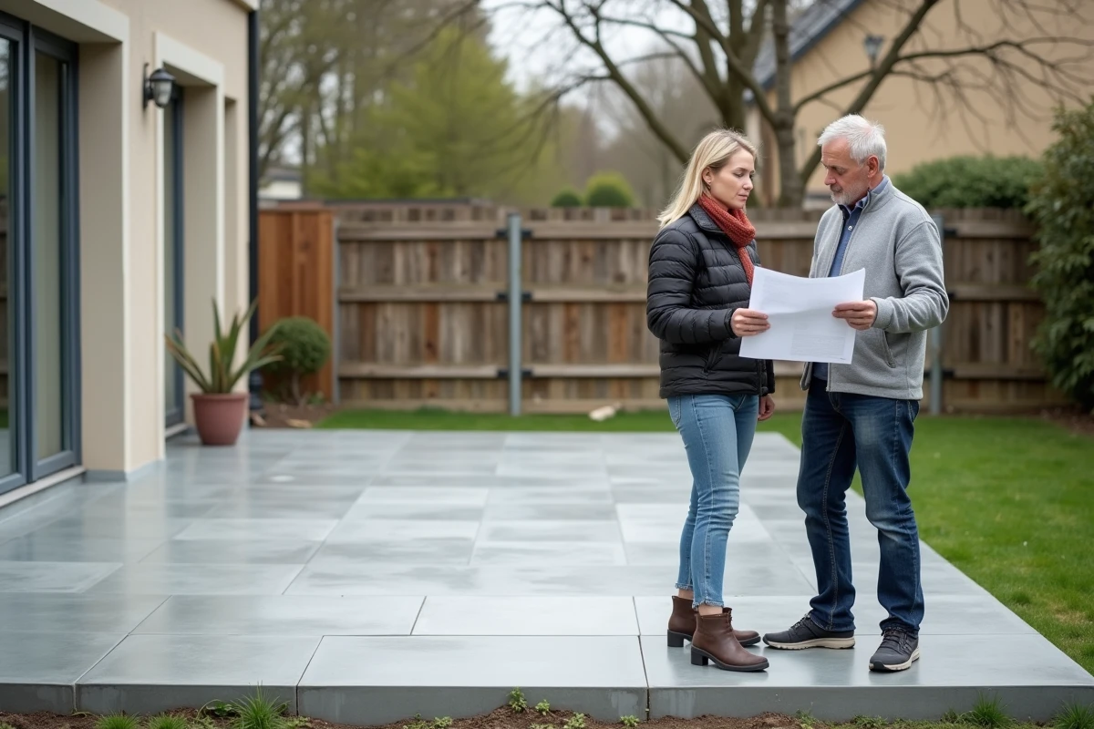 Couple de propriétaires évaluant le coût au m2 de leur dalle béton de terrasse fraîchement réalisée