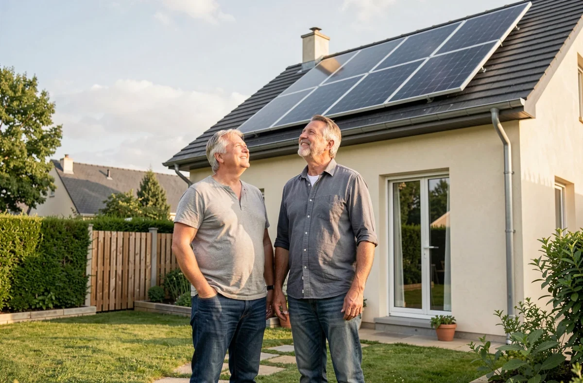 Couple de propriétaires satisfaits devant leur maison équipée de panneaux solaires Systovi