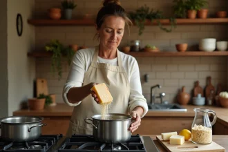 Femme râpant un pain de savon naturel au-dessus d'une casserole sur une cuisinière à gaz pour le refondre sans micro-ondes