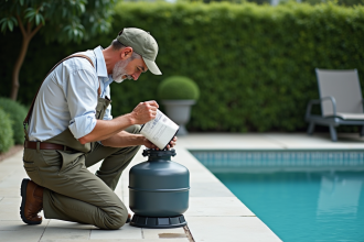 Homme en tenue casual verse du media filtration dans un filtre de piscine