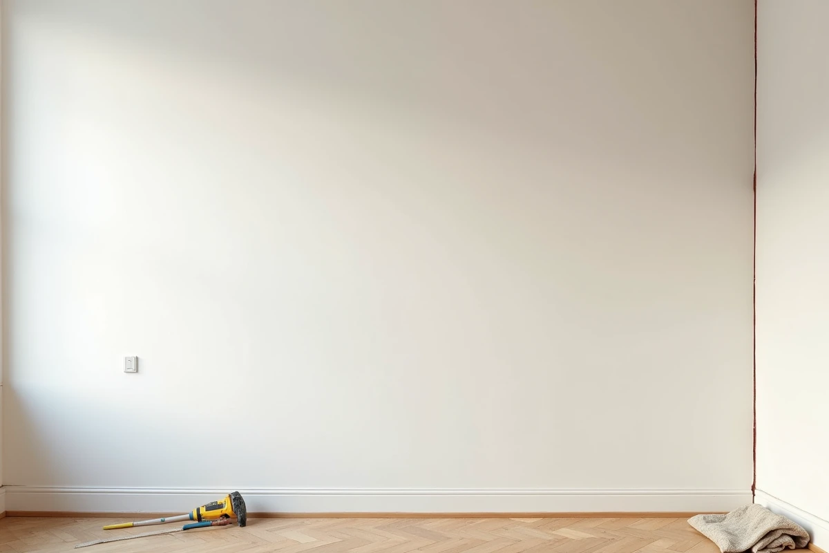 Intérieur d'une pièce en cours de rénovation avec mur en plaque de plâtre isolante partiellement terminé et parquet bois au sol