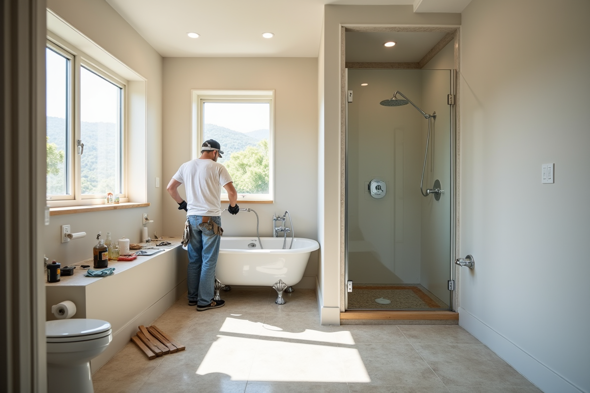 Travaux de rénovation salle de bain avec outils et douche neuve