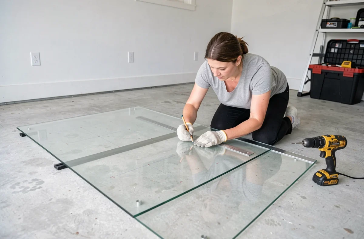Femme traçant des repères de perçage sur une grande plaque de plexiglas posée à plat dans un garage avec une perceuse sans fil à côté