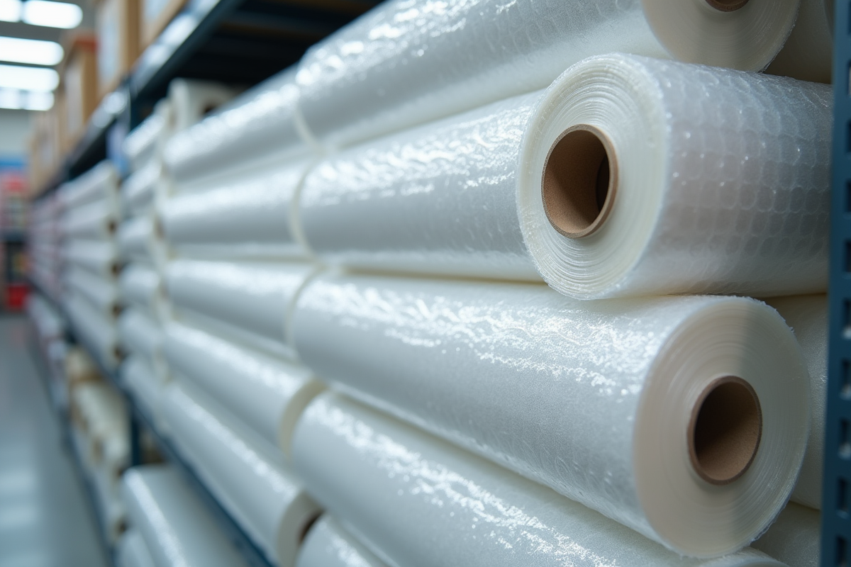Rouleaux de bulle empiles sur une étagère dans un magasin de fournitures