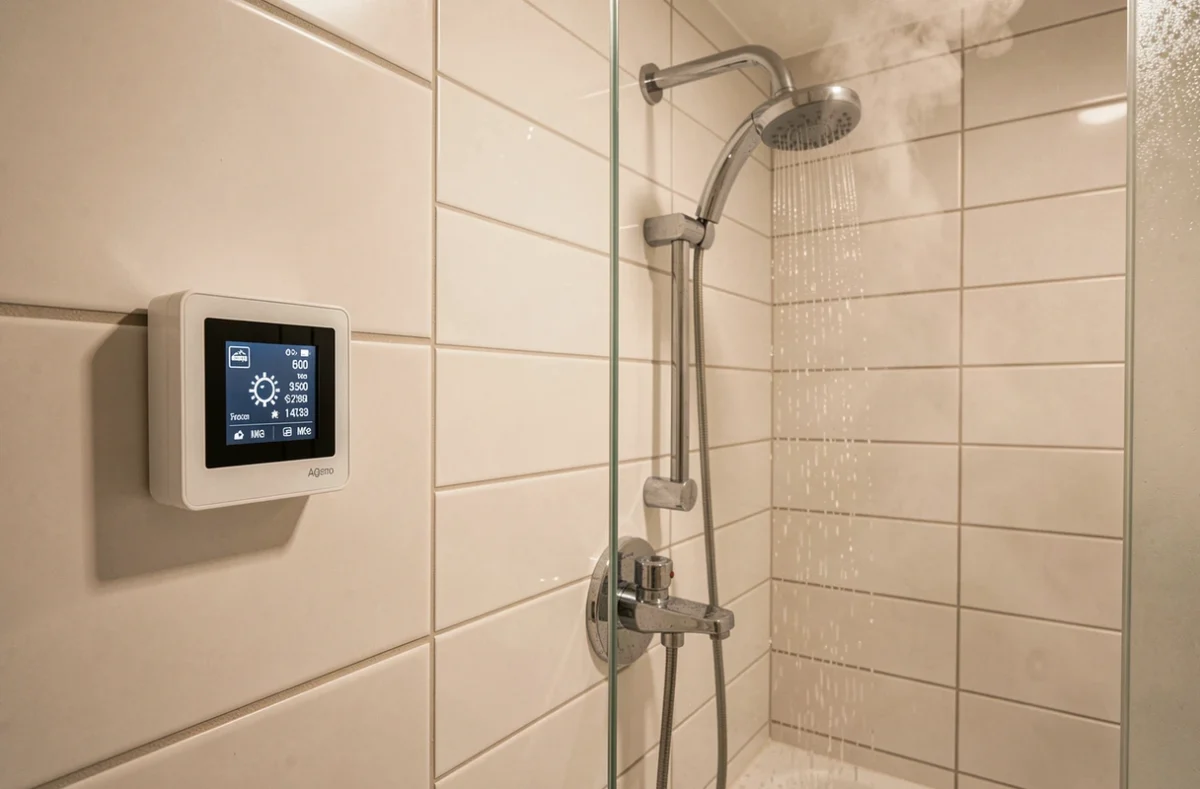 Salle de bain moderne avec thermostat numérique et eau chaude produite par un système solaire thermique