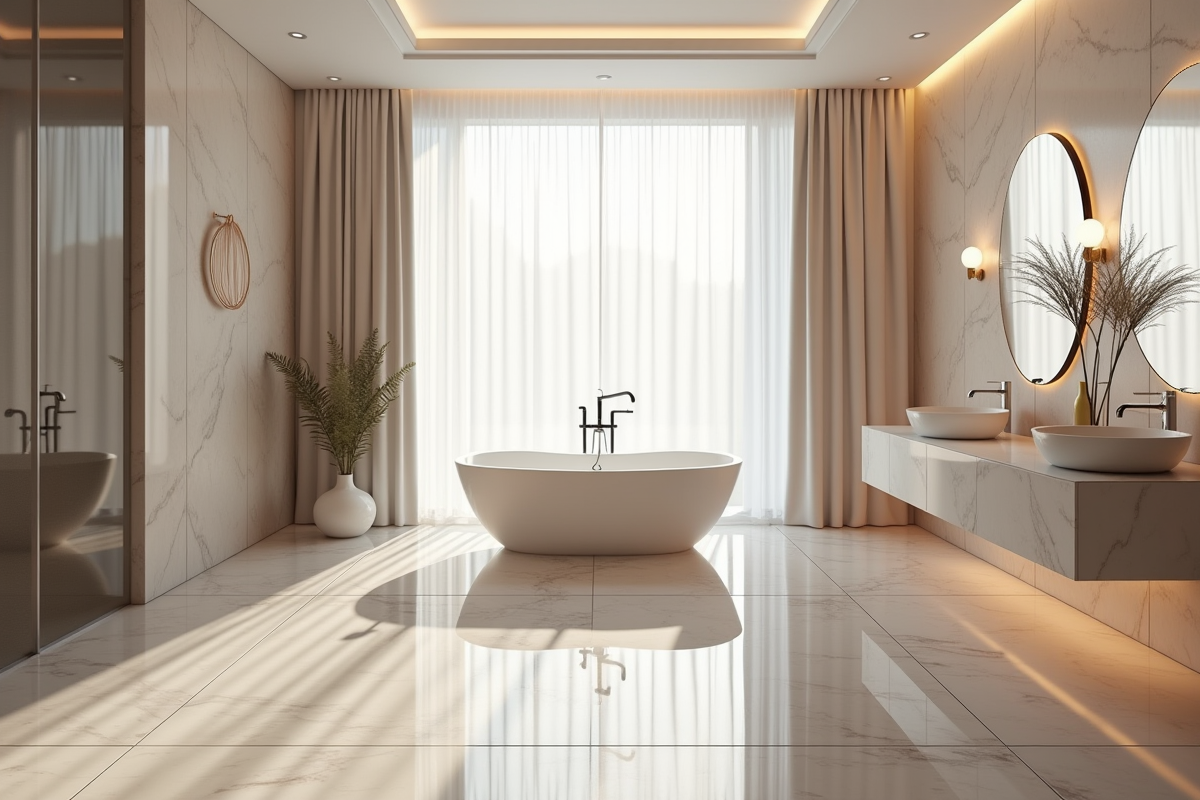 Salle de bain luxueuse avec baignoire et carrelage brillant