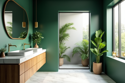 Salle de bain moderne vert mat avec miroir rond et plantes