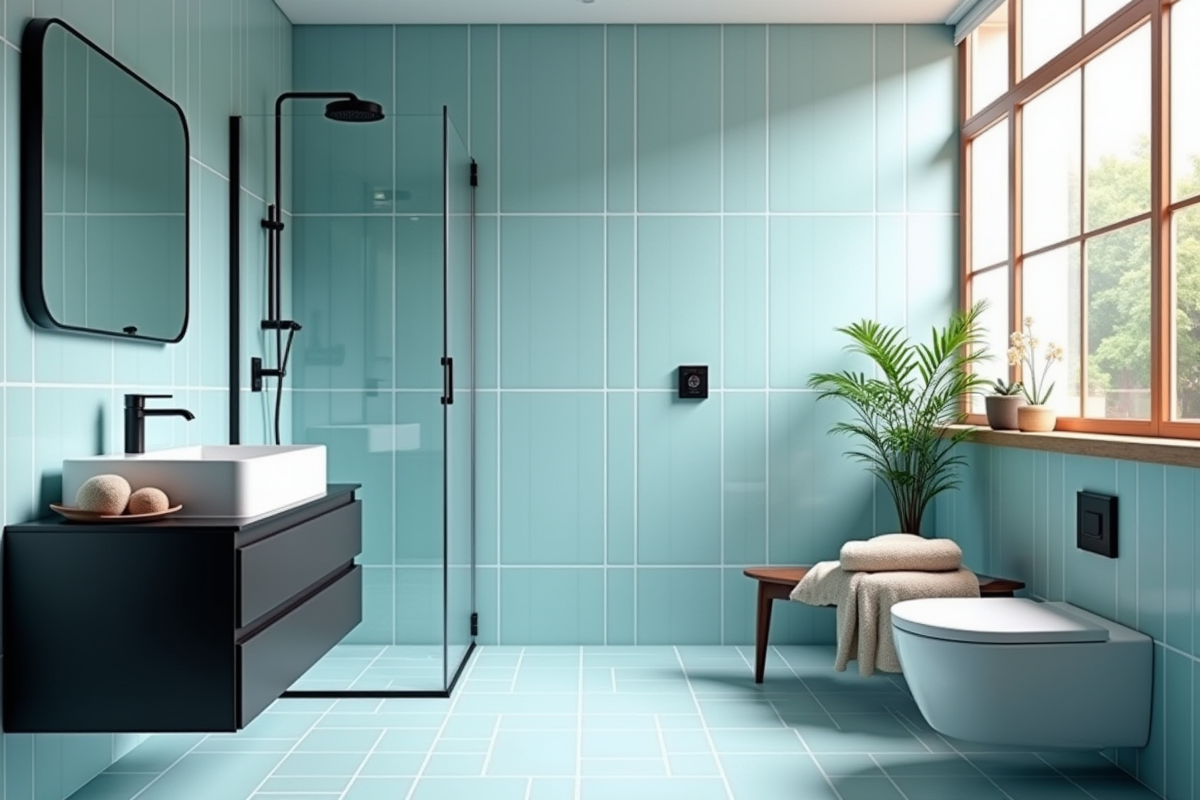 Salle de bain contemporaine avec tuiles bleu poudre et douche à l