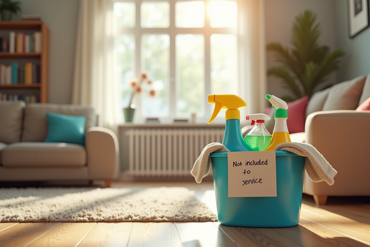 Salon lumineux avec seau de nettoyage et note indiquant non inclus