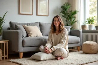 Femme souriante dans un salon cosy et accueillant