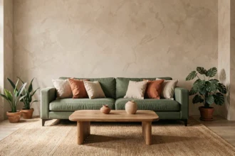 Salon feng shui aux tons sauge et terracotta avec canapé en lin naturel, tapis en jute et plantes d'intérieur, tendances couleurs 2026