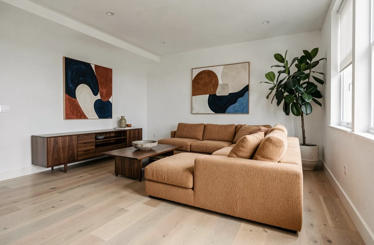 Salon feng shui minimaliste avec canapé boucle sable, ficus intérieur et œuvre d'art en indigo et rouille, tendances décoration 2026