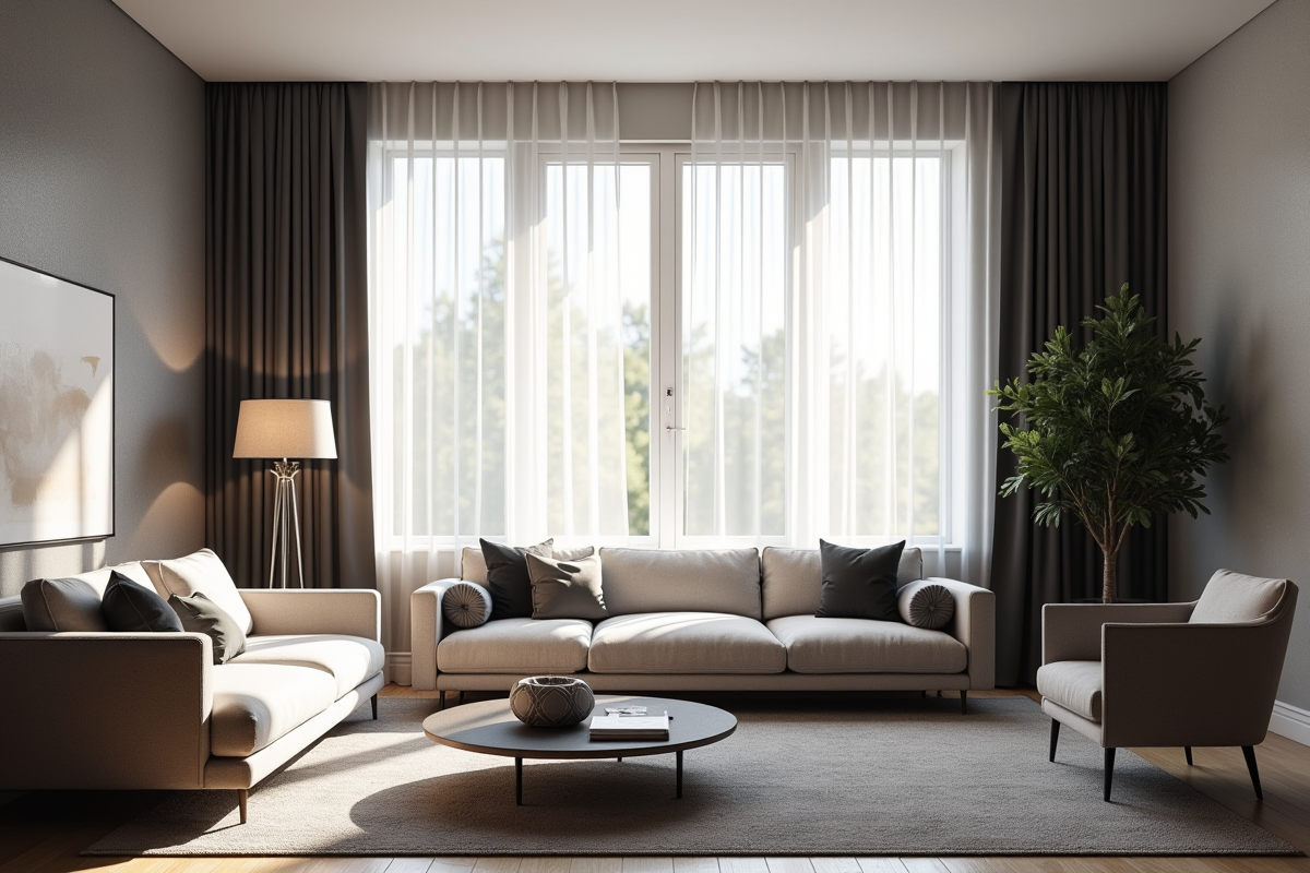 Salon intérieur lumineux avec grande fenêtre anthracite